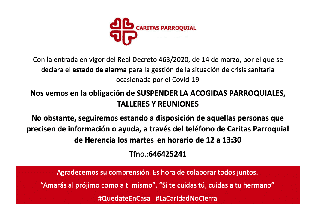Comunicado oficial sobre la atención en Cáritas Parroquial Herencia Comunicado de Cáritas Parroquial Herencia - Comunicado oficial sobre la atención en Cáritas Parroquial Herencia