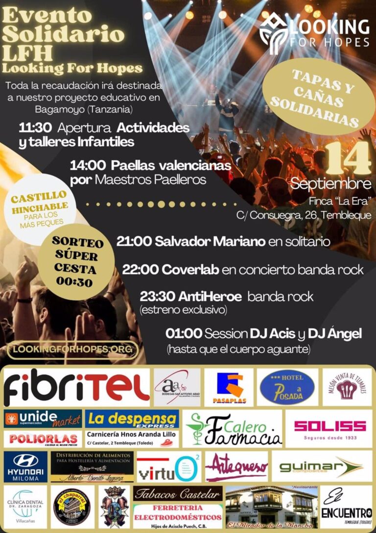 La ONG Looking for Hopes organiza el día 14 en Tembleque un evento solidario con Salvador Mariano, Coverlab y AntiHéroe