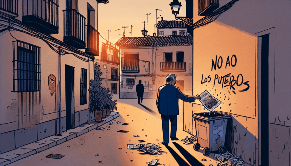 Alcalde de Marchamalo tira a la basura el cartel inaugural de la sede PSOE a cargo de Santos Cerdán: "No a los puteros"