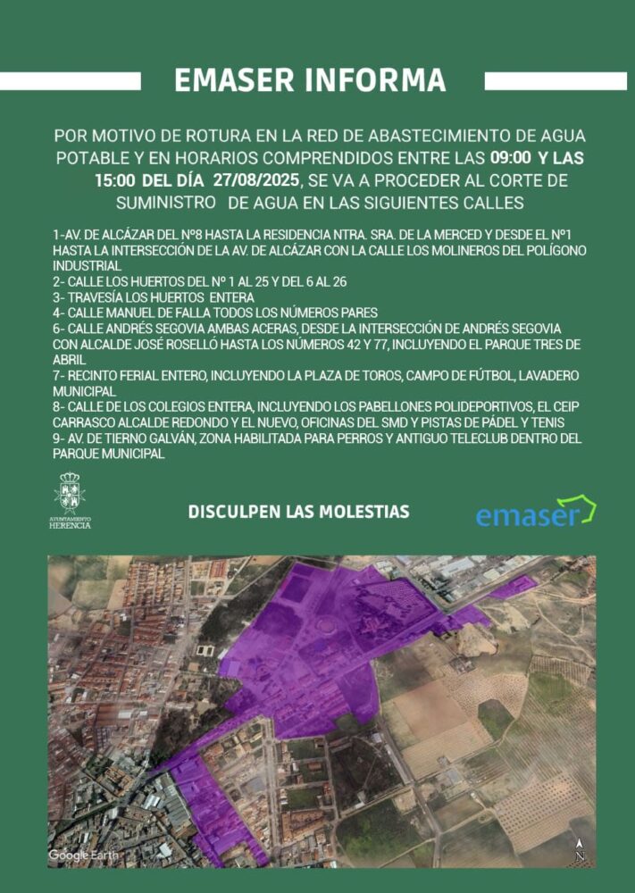 Corte de agua en varias calles de Herencia el 27 de agosto por trabajos en la red de abastecimiento 1