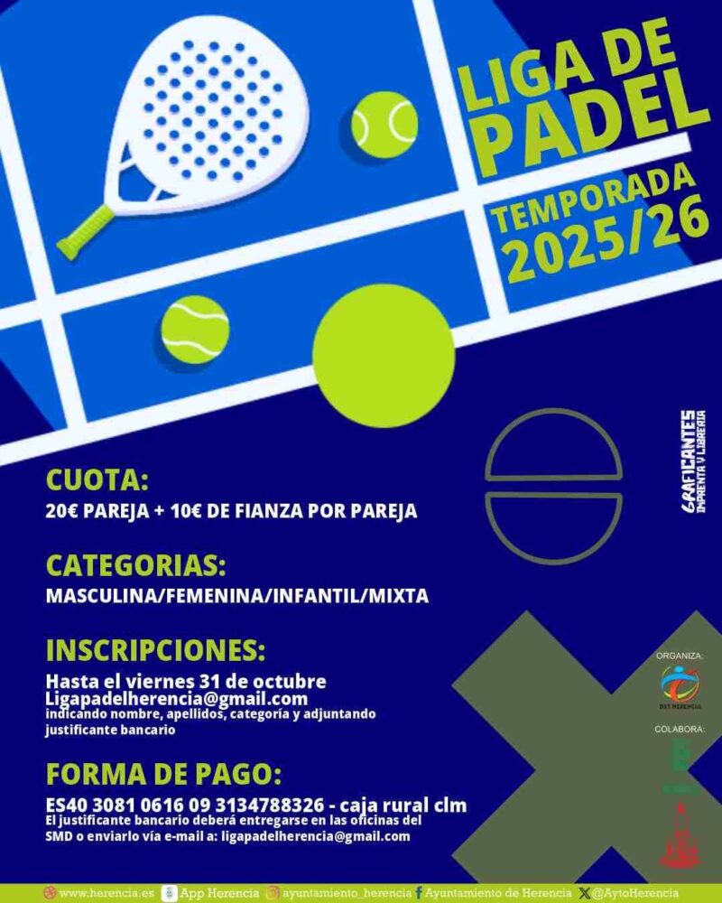 Abierto el plazo de inscripción para la Liga de Pádel 2025/2026 en Herencia 1