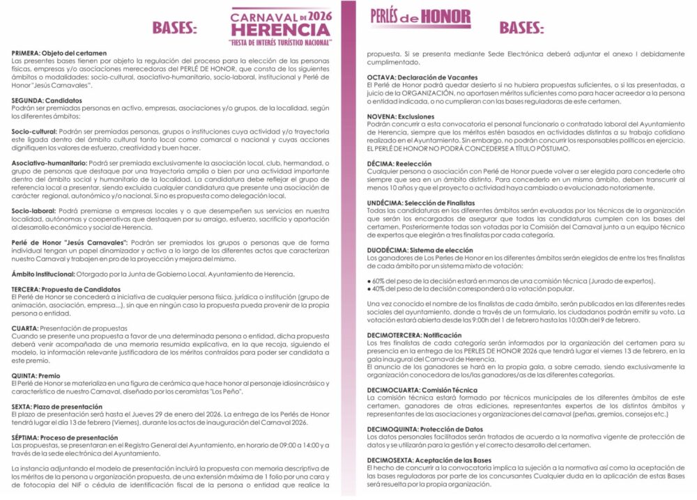 Abierto el plazo para proponer a los Perlés de Honor del Carnaval de Herencia 2026 1