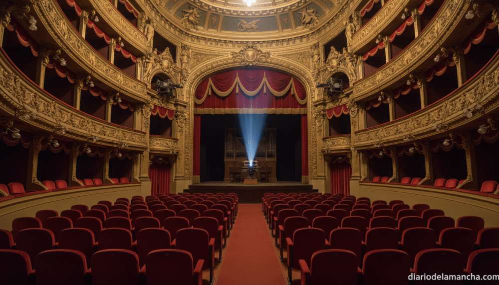 Auditorio del Teatro Circo de Albacete con haz de proyector durante el preestreno del documental sobre María Isbert