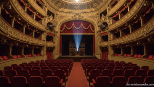 Auditorio del Teatro Circo de Albacete con haz de proyector durante el preestreno del documental sobre María Isbert