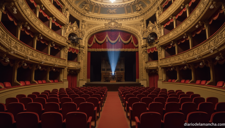 Auditorio del Teatro Circo de Albacete con haz de proyector durante el preestreno del documental sobre María Isbert