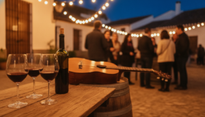Copas de vino tinto en una cata nocturna con guitarra de fondo, ambiente de feria