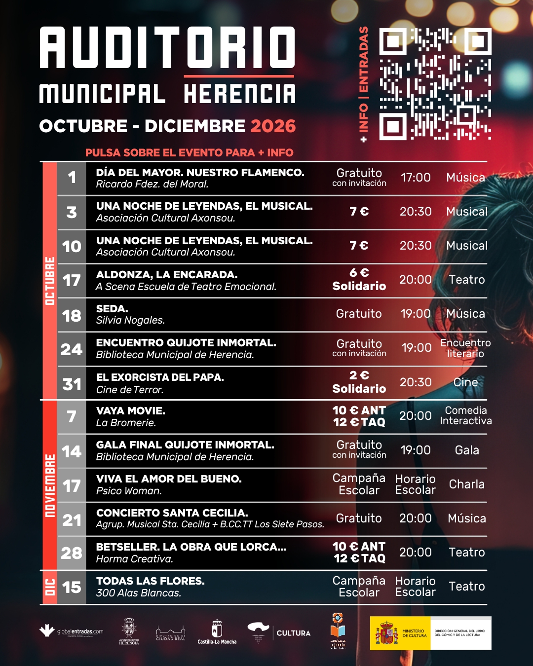 Cartel con la programación del Auditorio Municipal de Herencia de octubre a diciembre de 2026