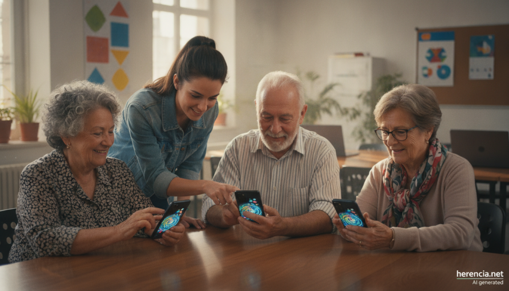 Personas mayores aprendiendo a usar el teléfono móvil en un aula