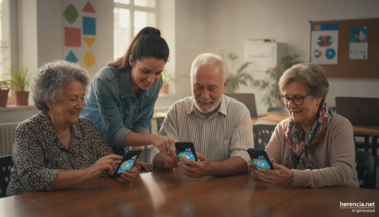 Personas mayores aprendiendo a usar el teléfono móvil en un aula