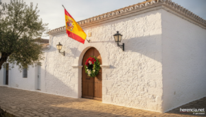 Corona de flores y bandera de España en la fachada de un edificio manchego el Día del Pilar