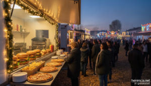 Ambiente de festival de comida callejera con food trucks en un recinto ferial