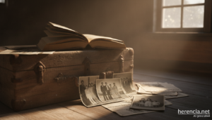 Libro antiguo junto a fotografías de los años setenta y un baúl en un desván