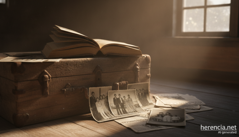 Libro antiguo junto a fotografías de los años setenta y un baúl en un desván