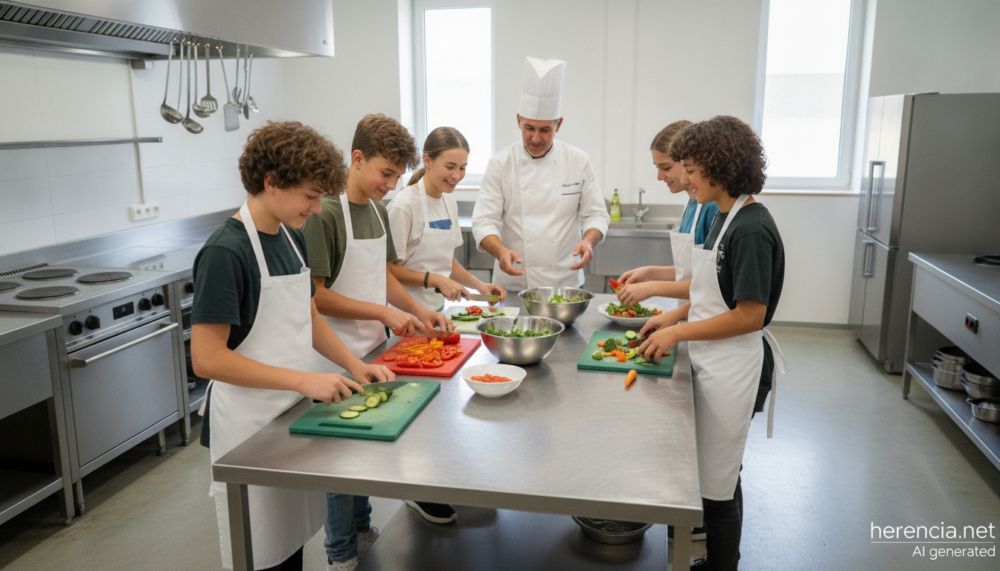 Adolescentes con delantal cocinando verduras en un aula de cocina