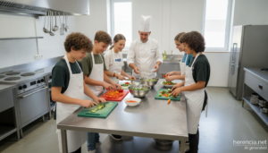 Adolescentes con delantal cocinando verduras en un aula de cocina