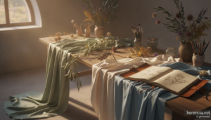 Telas de seda sobre una mesa de taller creativo con flores secas y ramas de olivo